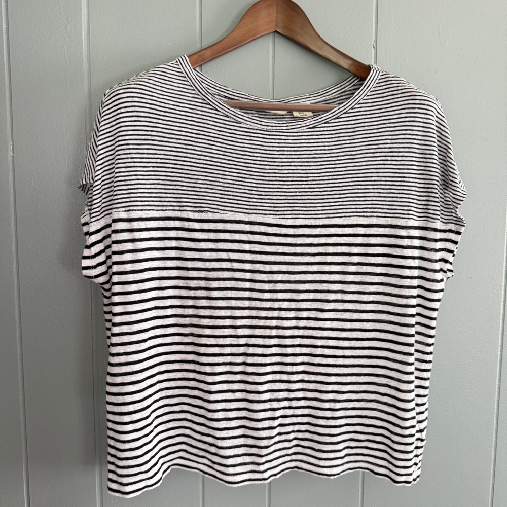 Christian Siriano New York Womens M 100% Linen Striped Tee Black White Boxy Top